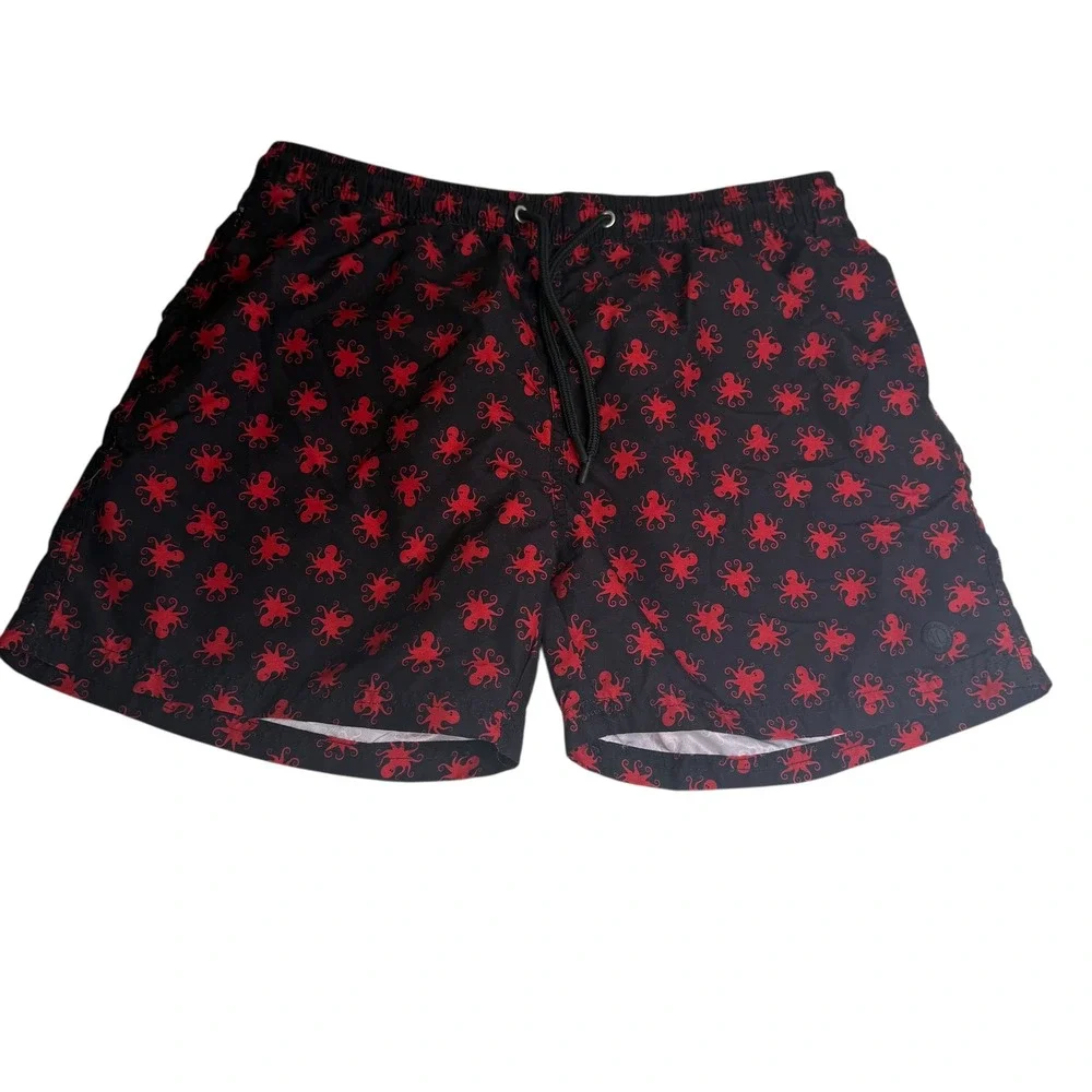 Johnny Cotton Mens XL‎ Octopus Print Swim Trunks Black Red Quick Dry Polyester